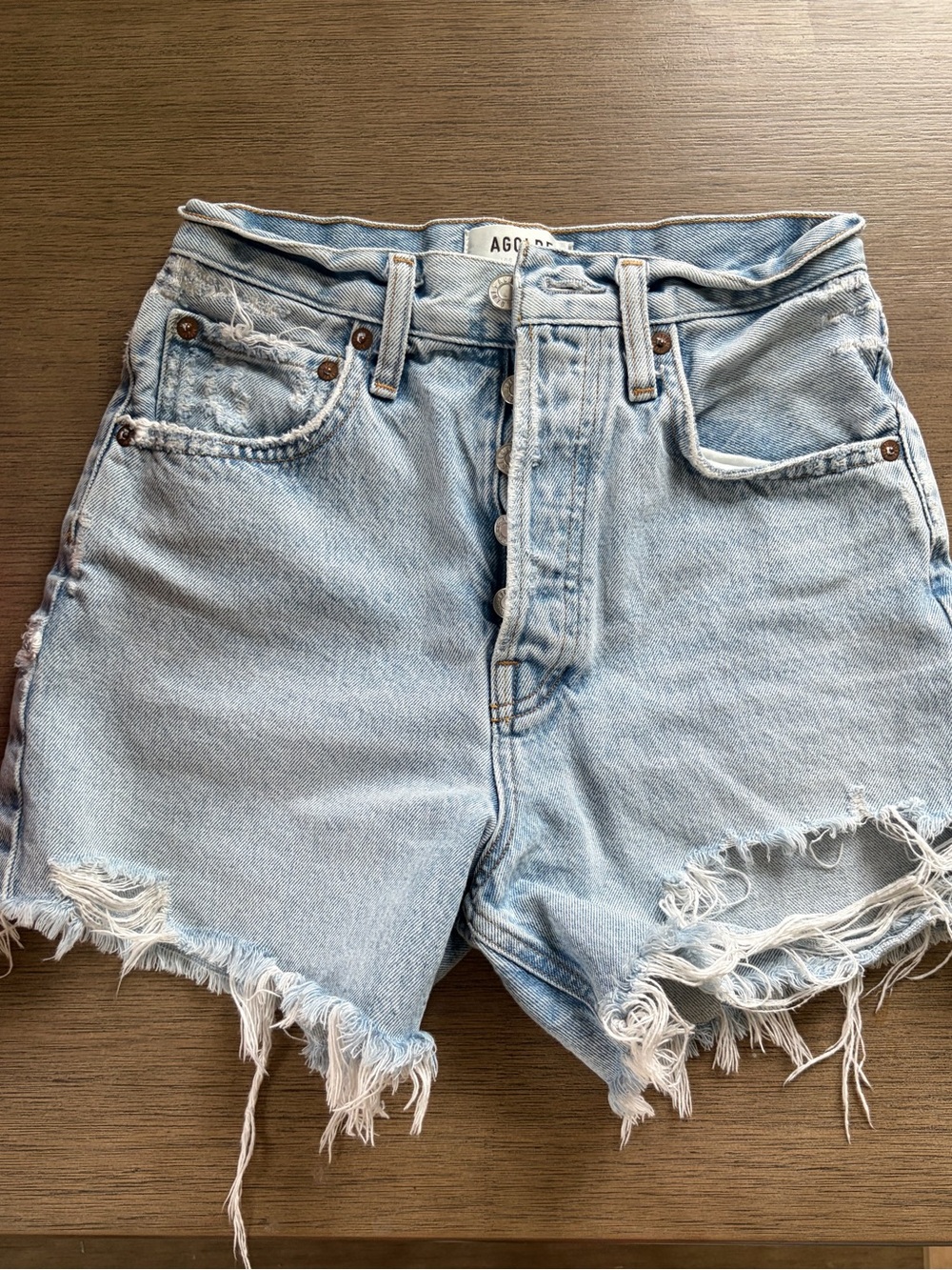 Agolde Light Blue Distressed High-Rise Denim Shorts